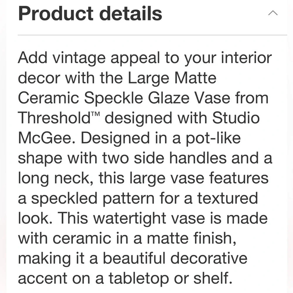 STUDIO MCGEE NWT matte ceramic speckle glaze vase -large